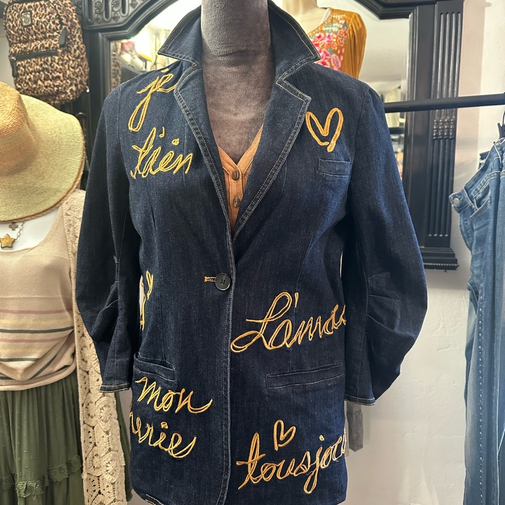 Adore Dark Blue Denim Blazer with Yellow Embroidery
